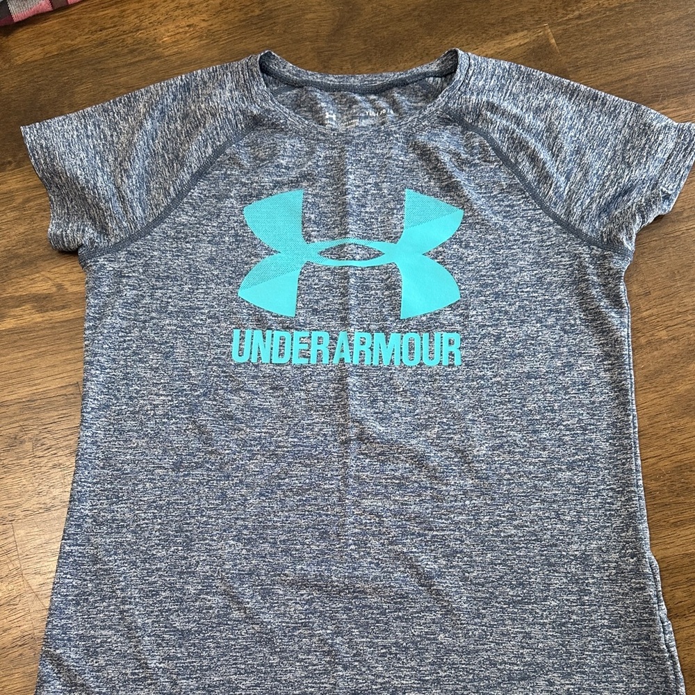 Under Armour Kids Heathered Gray Tee with Aqua Logo